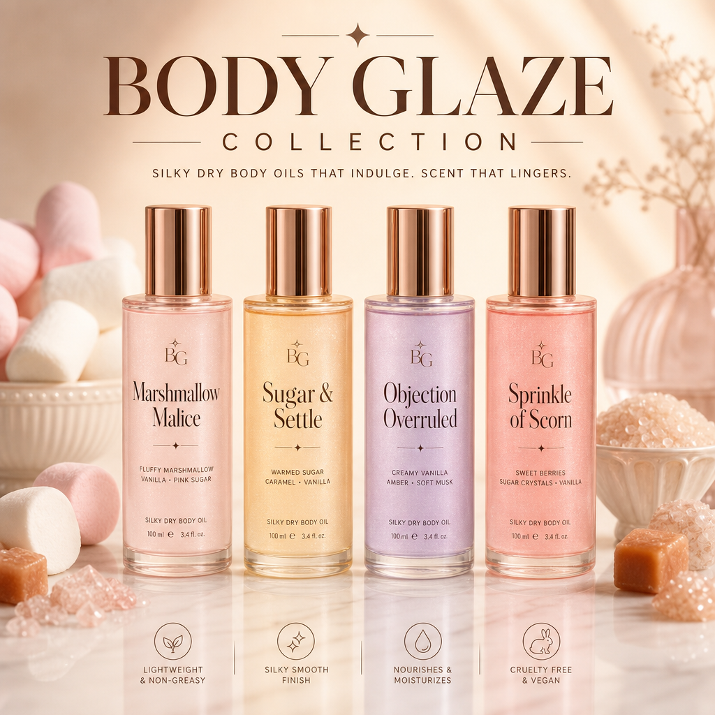 Lightweight gourmand body glaze oil for women with silky skin and dessert-inspired fragrance